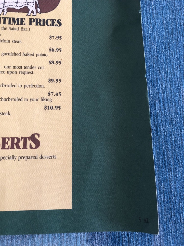 Steak & Ale Vintage Menu Midday Large Menu 1982