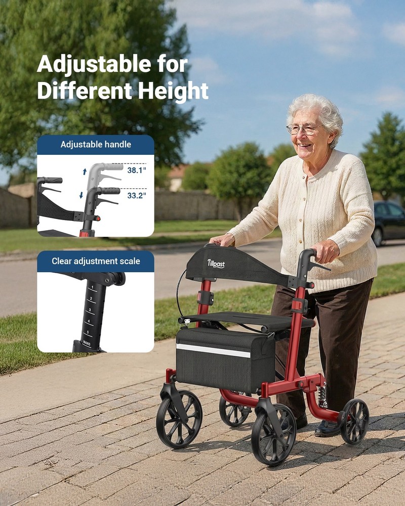 Seniors Walker Rollator Safe Foldable Adjustable Shock-Absorbing for All Terrain