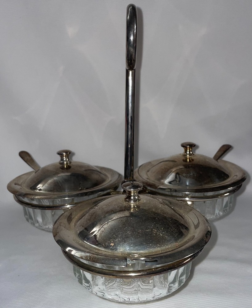 Sheffield England Silver Plate Handled 3 Bowl W/Lids & Spoons Condiment Set