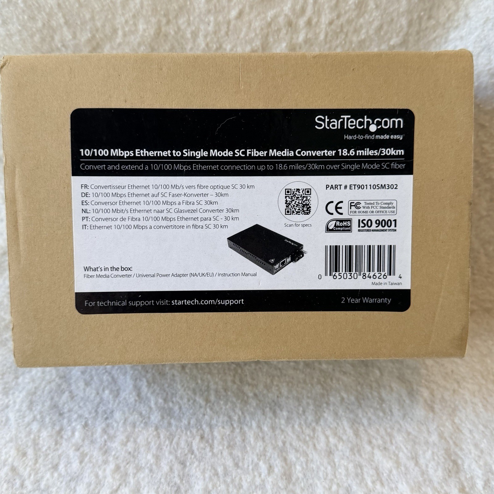 NEW StarTech ET90110SM302 10/100 Mbps Single Mode SC Fiber Media Converter 18.6M