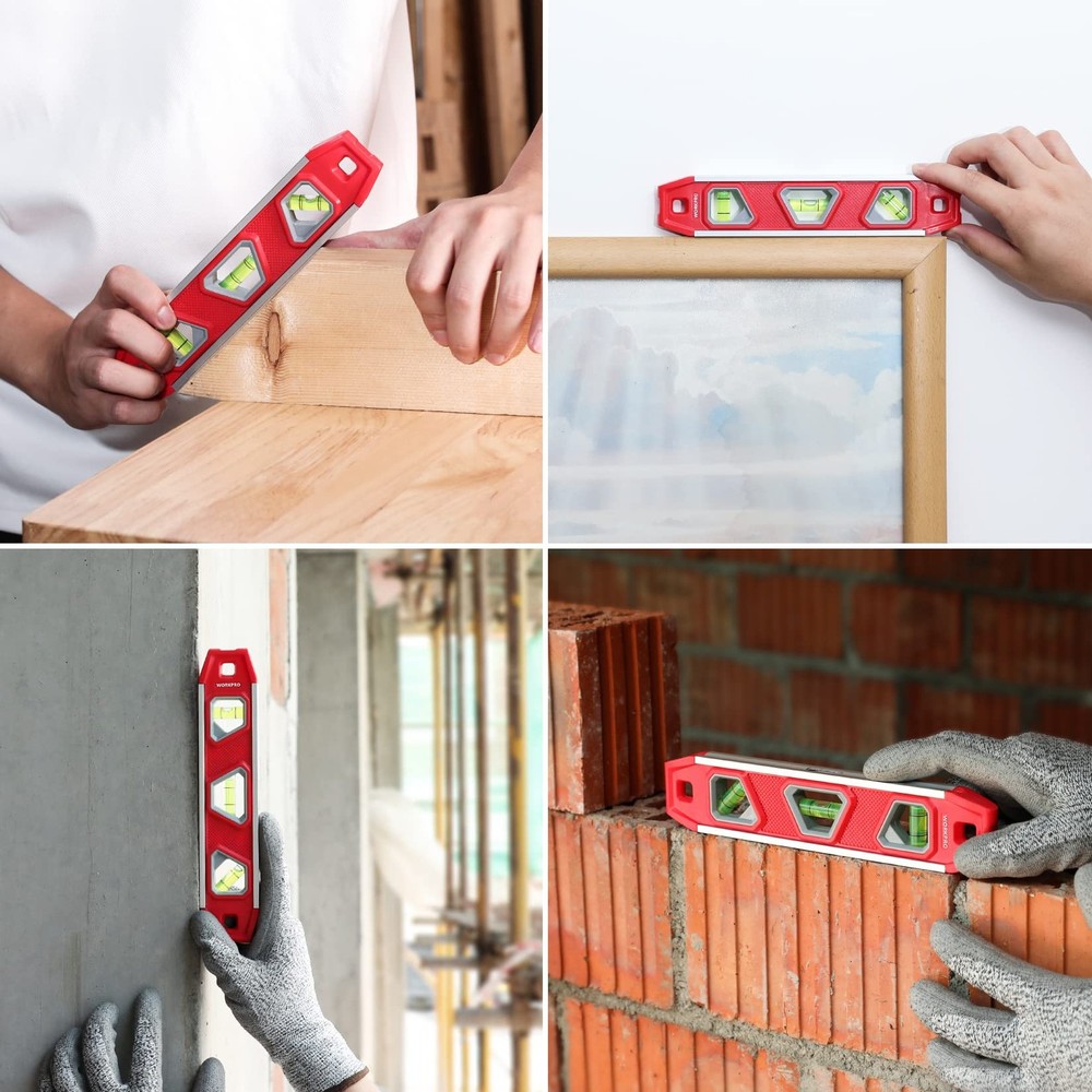 WORKPRO 9-Inch Torpedo Level Magnetic, Small Leveler Tool with 3 Red
