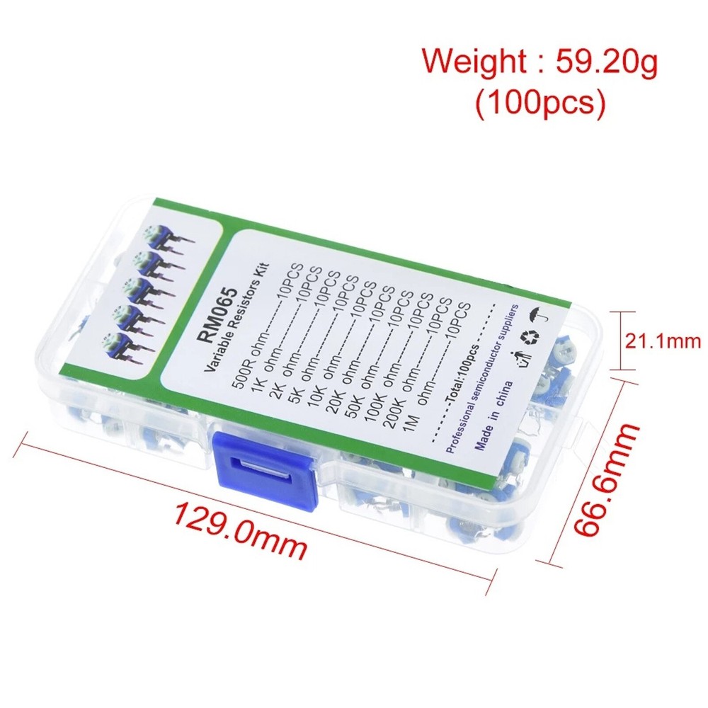 100pcs Potentiometer Trimpot Variable Resistor Assortment Box Kit 10 ValueKpkKq