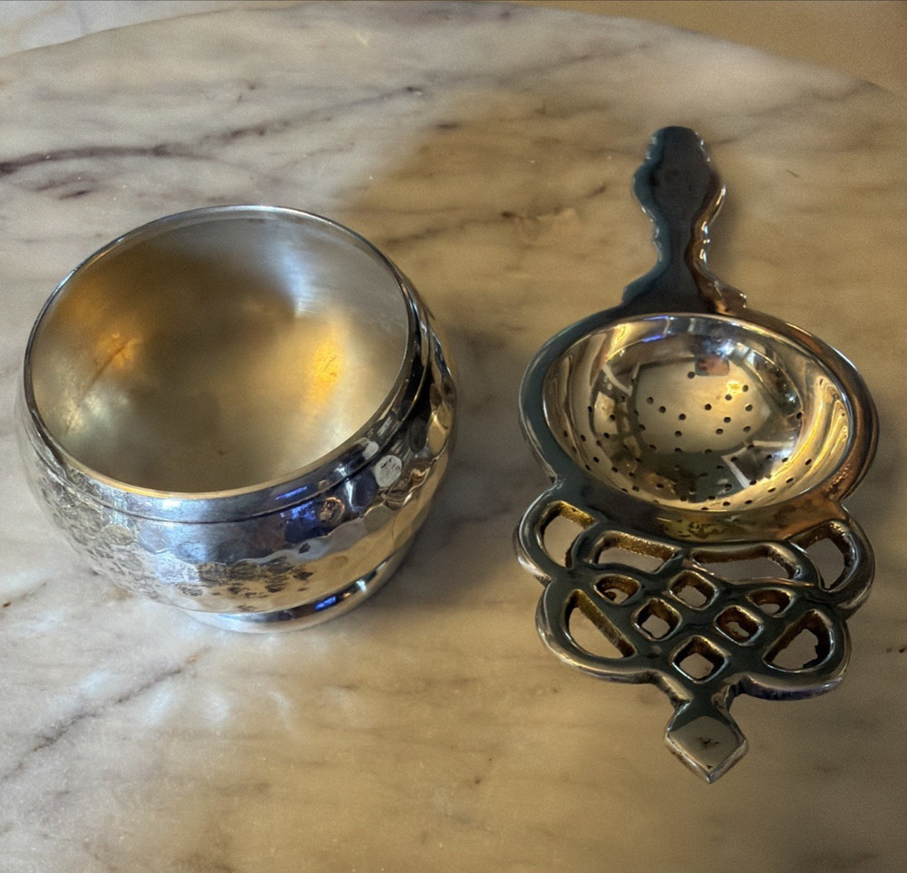 Antique Loose Tea Bag Strainer Basket Silverplate Spoon and Bowl