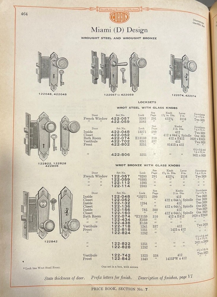 Art Deco Corbin Miami Pattern B Design Interior Knobs, Plates, Nickel Chrome