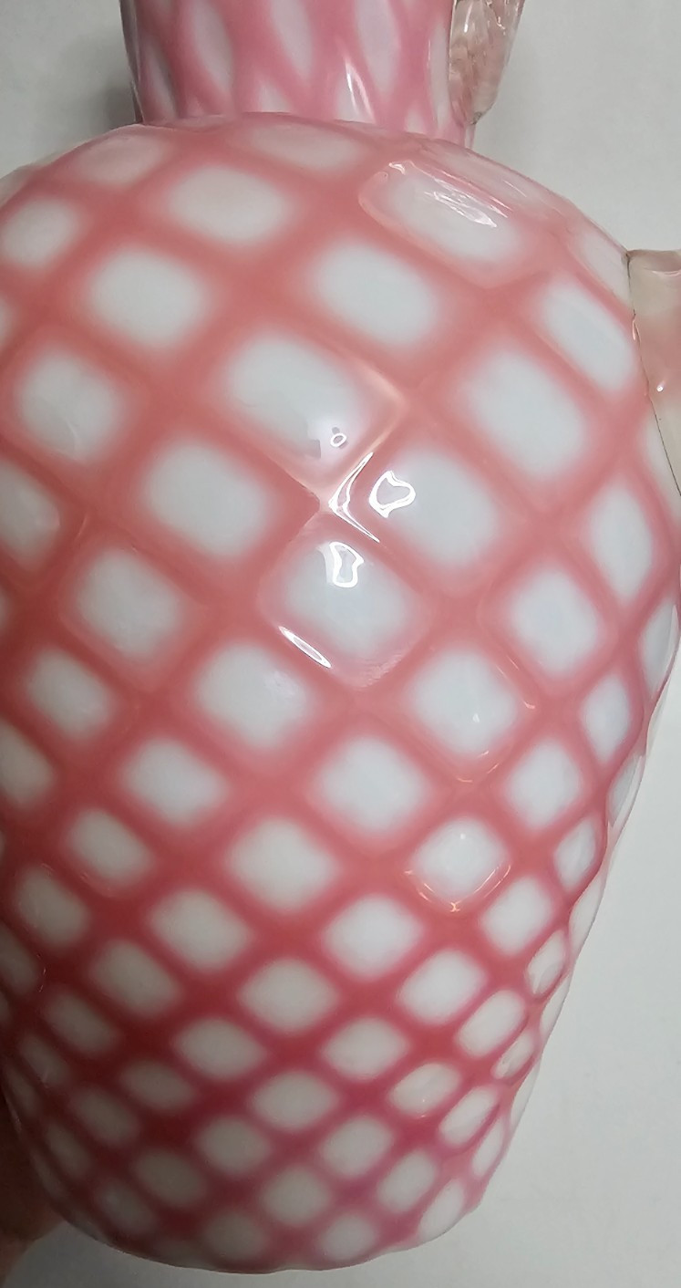 EAPG Victorian Glass Opaque Pink White Lattice Pitcher Jug