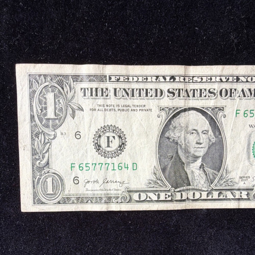 $1 US Dollar Bill Error Note F65777164D Missing Face Detail Circula