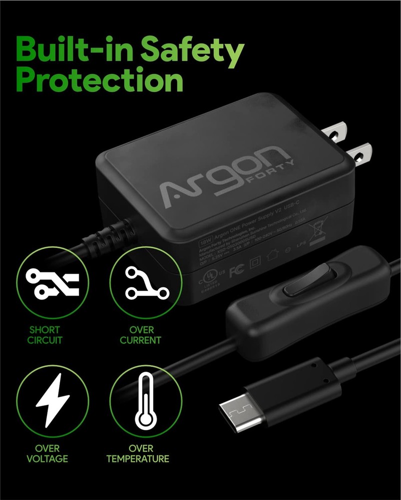 Argon USB C Power Supply with Switch | Raspberry Pi 4 Power Supply