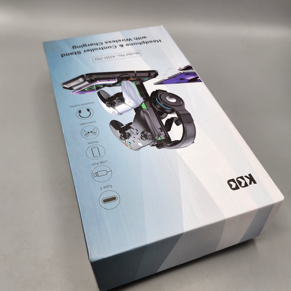 Black Headphone & Controller Stand with Wireless Charging Station Rotatable NEW