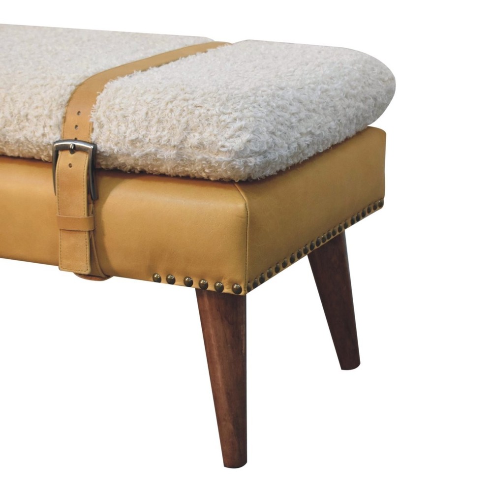 Boucle and Tan Leather Bench
