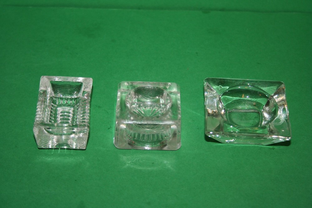 Lot 3 Antique Press Etch Blown Glass Open Salt Dip Cellar Square & Rectangular