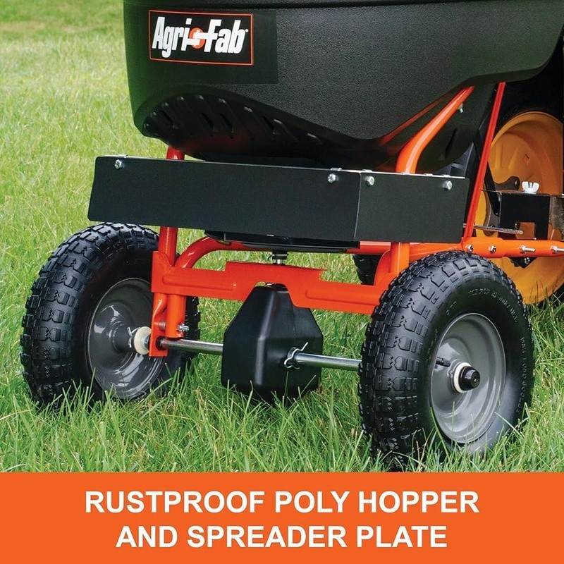 110lb Tow Broadcast Spreader Rustproof Hopper Pneumatic Tires 10ft Spread Width
