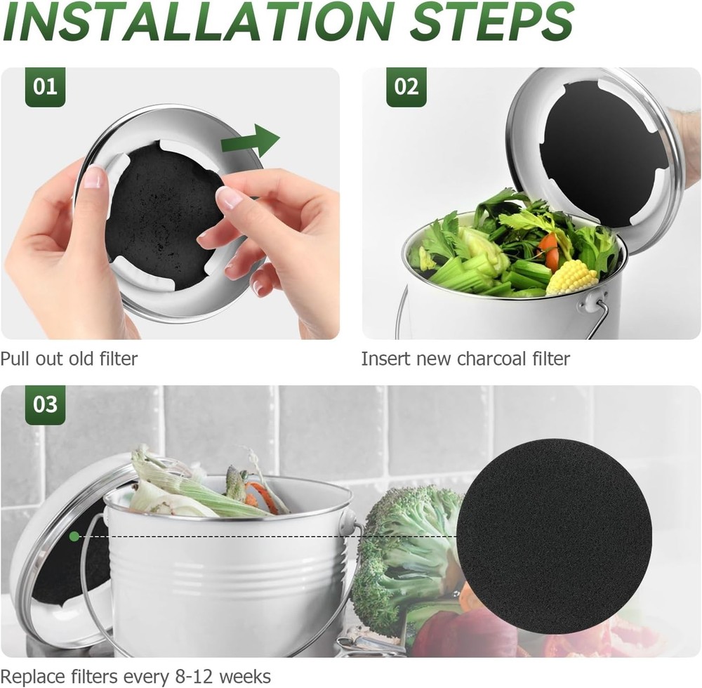 12 Pack 6.7 Inch Charcoal Filters for Kitchen Compost Bin Pail Replacement