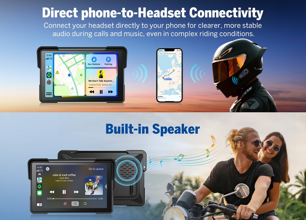 For Motorcycle CarPlay Android Auto Dual Bluetooth 7" Waterproof GPS Navigation