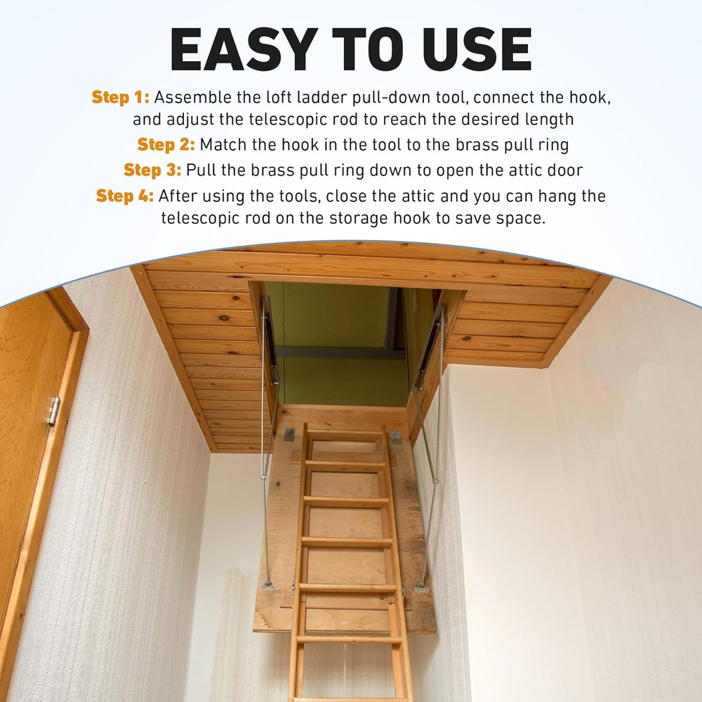 Attic Ladder Pull System Kit with 60" Extension Pole and Copper Hook