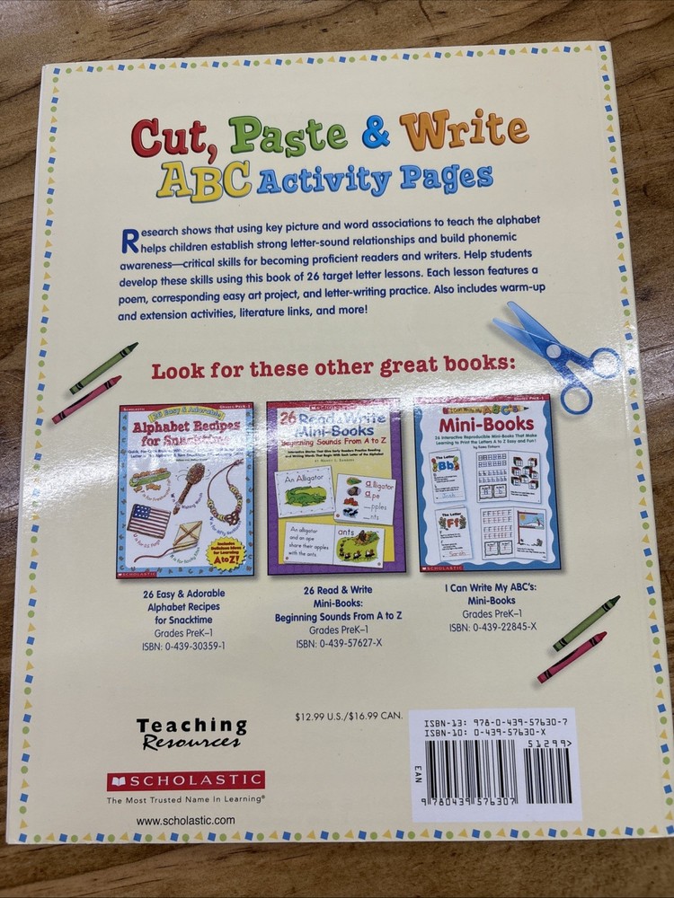 Cut, Paste And Write Abc Activity Pages, Scholastic, Pre-K /1 Teacher Resource
