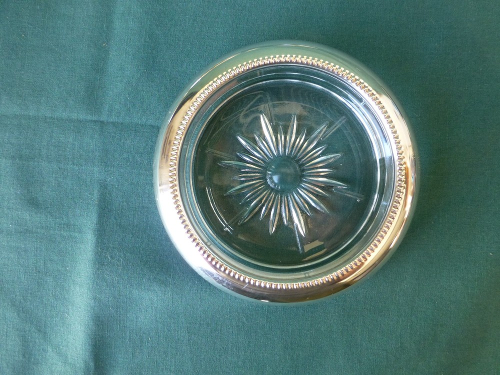 Six Leonard Silver Plate and Glass Coasters