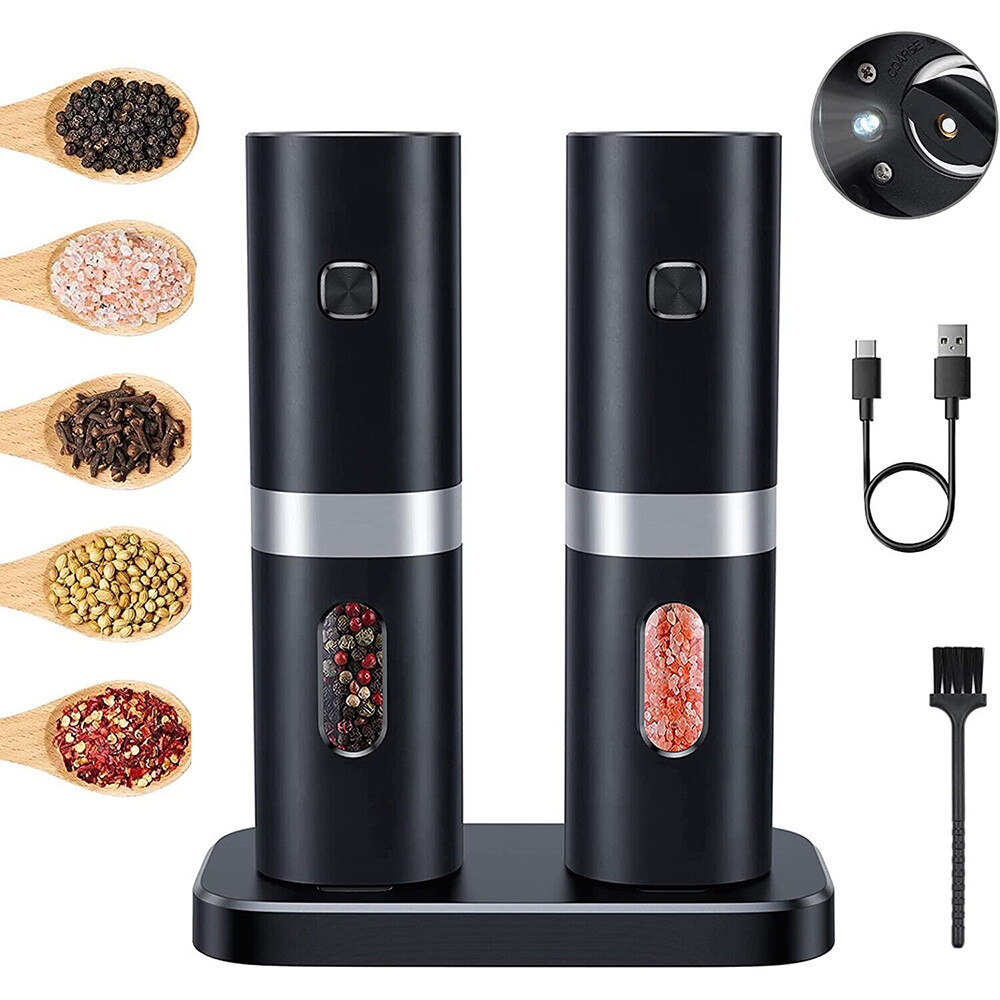 Automatic Electric Salt and Pepper Grinder Set - Rechargeable with LED Light