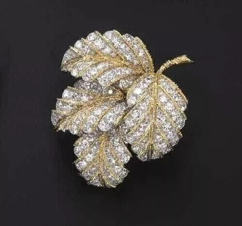 5CT Round Cut Lab Created Diamond Leaf Brooch Pin 14K Yellow Gold Finish Silver