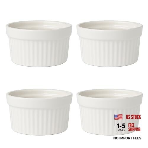 4pc Oven Safe White Fluted Ceramic Ramekins Baking Supplies Kitchen
