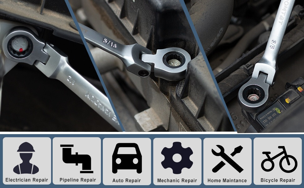 10pcs SAE Ratcheting Combination Wrench Set Flex Head Fixed Head Spanners kit