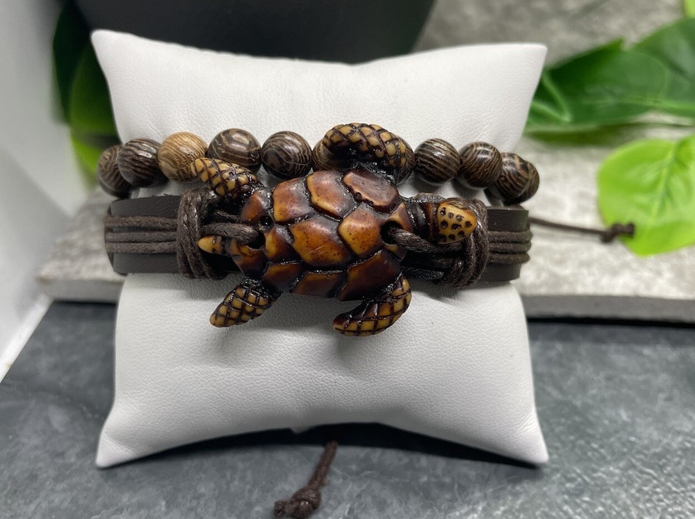2 PC Leather Bracelet Wood Bead Stackable Adjustable Tie Free Ship B2905