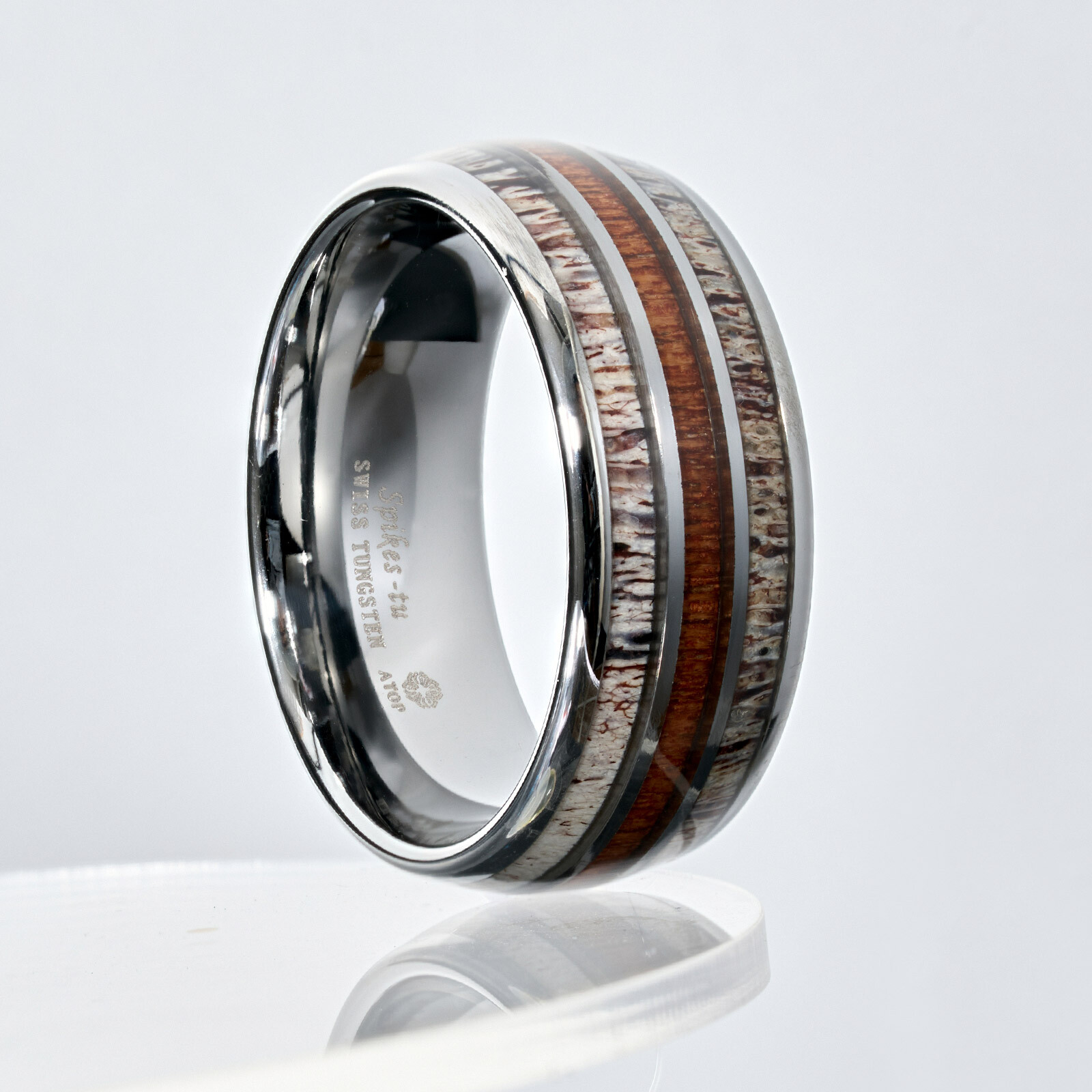 10mm Silver Tungsten Ring Men Wedding Band ATOP Jewelry & Deer Antler Koa Wood