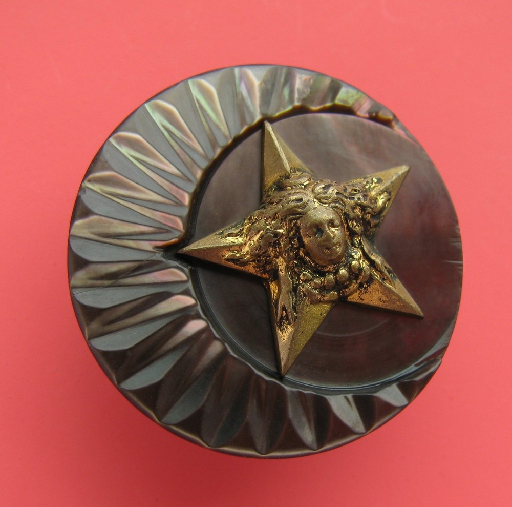 Antique Carved Shell Button Dimensional Star Lady Face Selene? Brass Escutcheon