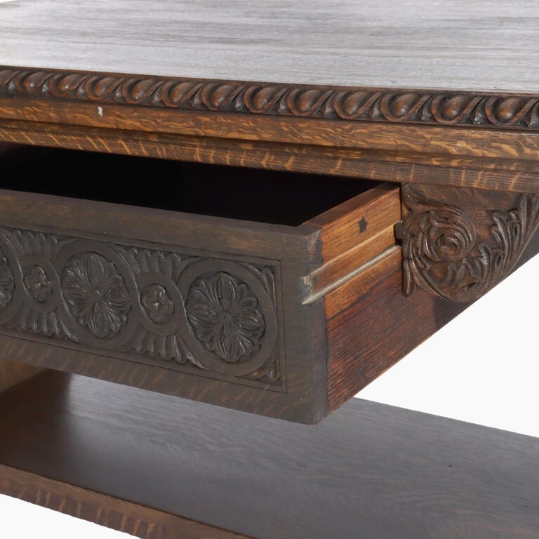 Arts & Crafts Carved Oak Trestle Library Table C1910