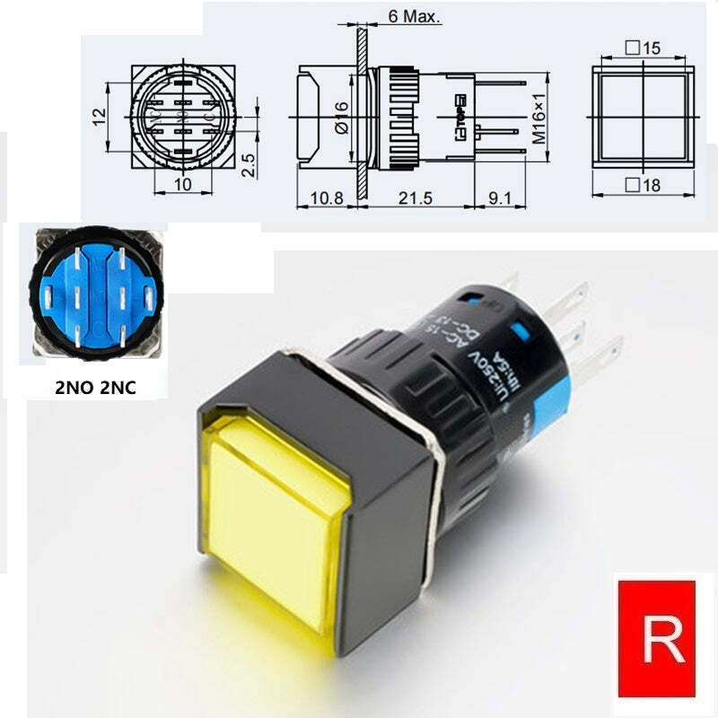 16mm DPDT Illuminated ON/OFF Square Plastic Push Button Switch (LAS1-AF)
