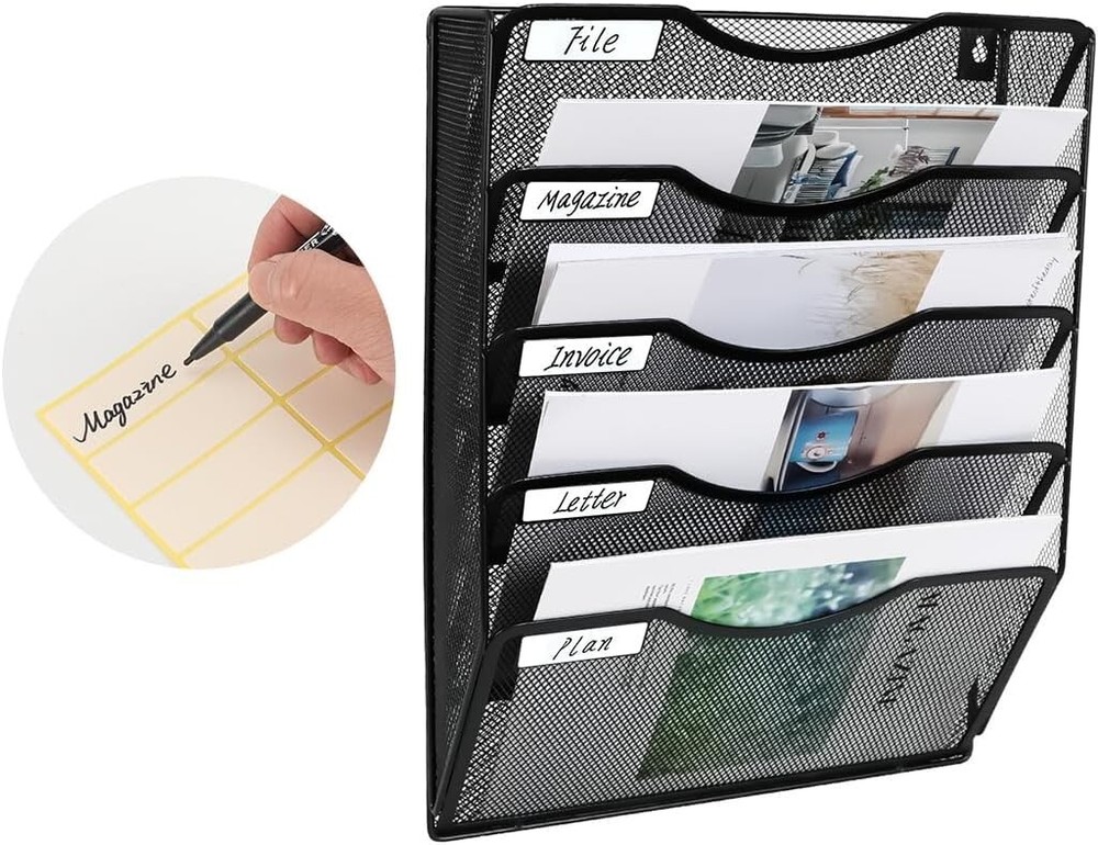 5-Tier Metal Wall File Organizer with Label Slots for Efficient Document Storage