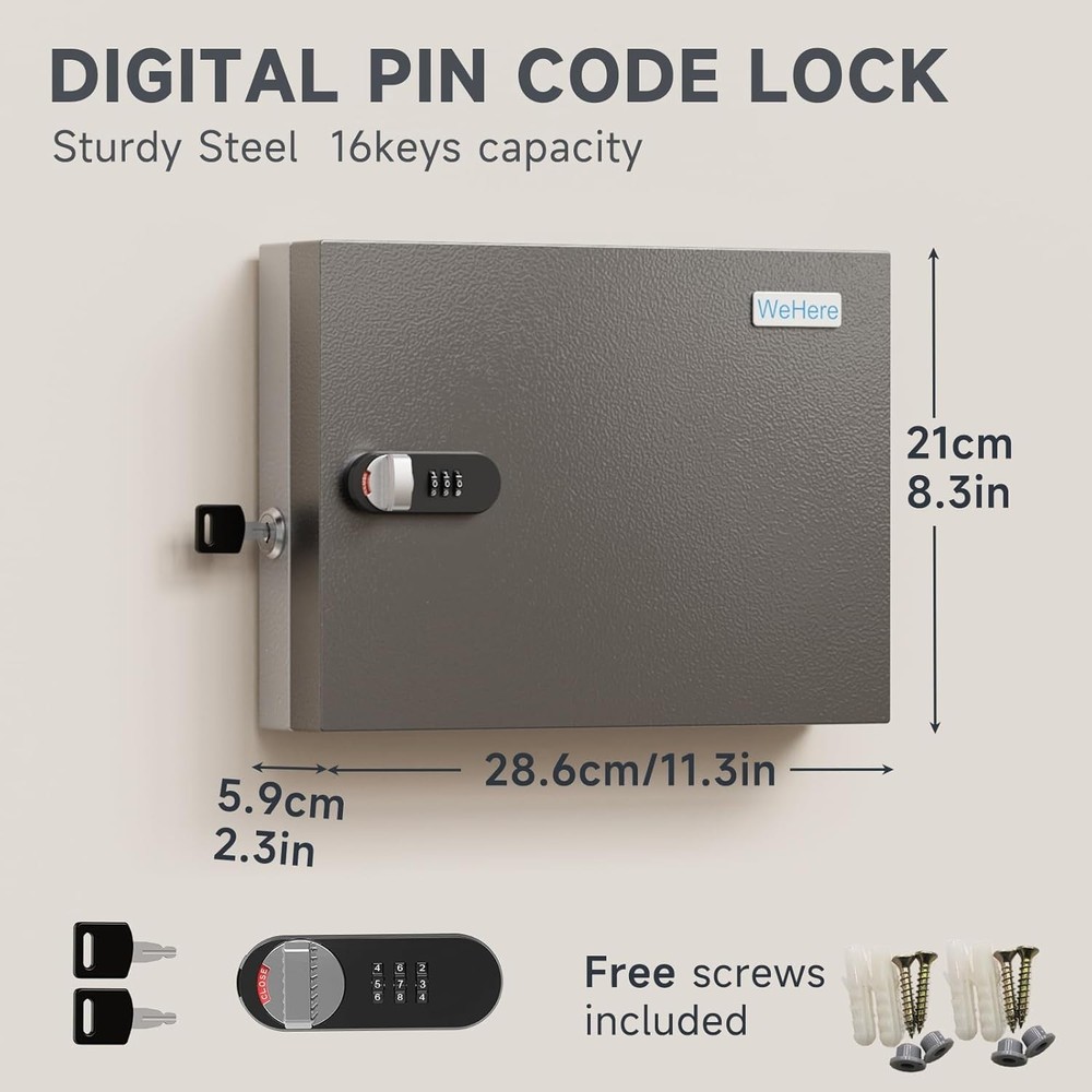WeHere Key Lock Box Wall Mount, 16 Key Cabinet with Combination Lock & Key Tags,