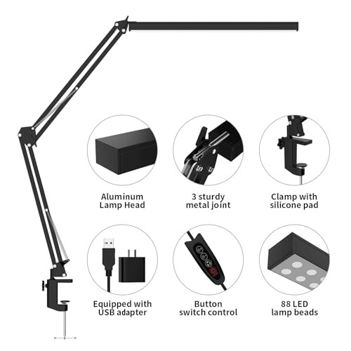 LED Desk Lamp, Manicure Table Lamp, Eye-Caring Drafting Light, Dimmable Black