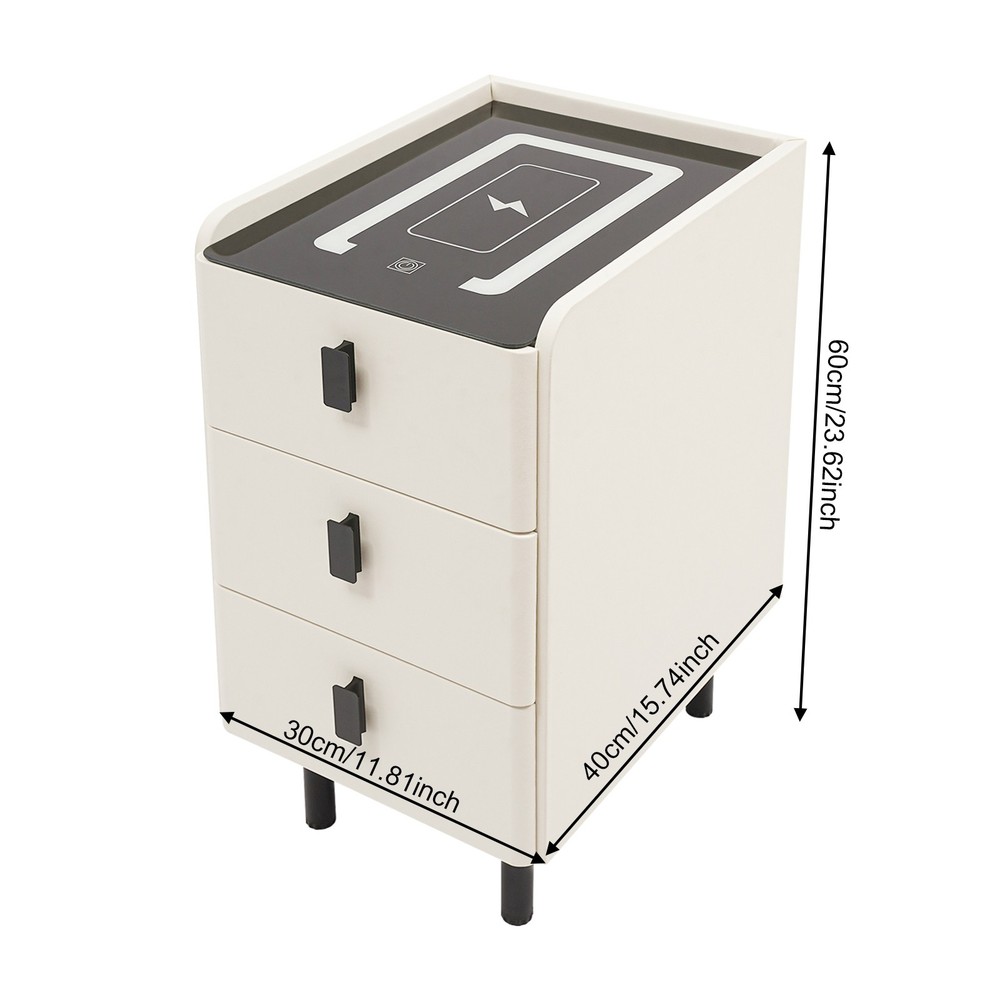 3 Drawers Smart Bedside Table Nightstand With LED Light+Wireless Charging+USB
