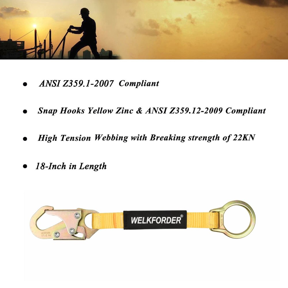 WELKFORDER 18-Inch D-Ring Extender Fall Protection with Snap Hook 18"