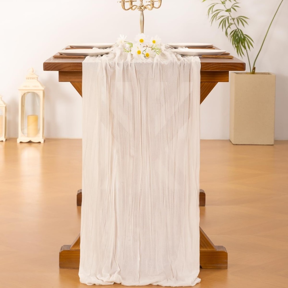 Boho Cheesecloth Runner, 10FT Rustic Table Decor, Christmas Holiday, White