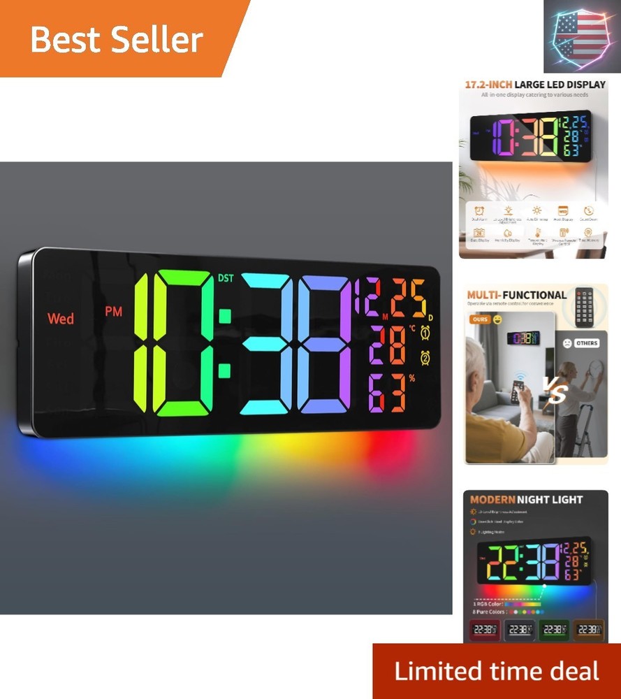 17.2" Large Digital Wall Mount Clock, Count Down Timer, Alarm, Big LED, 11 RG...