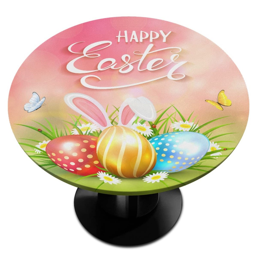 Easter Round Tablecloth with Elastic Edge, Easter Rabbit Egg Fitted Tableclot...