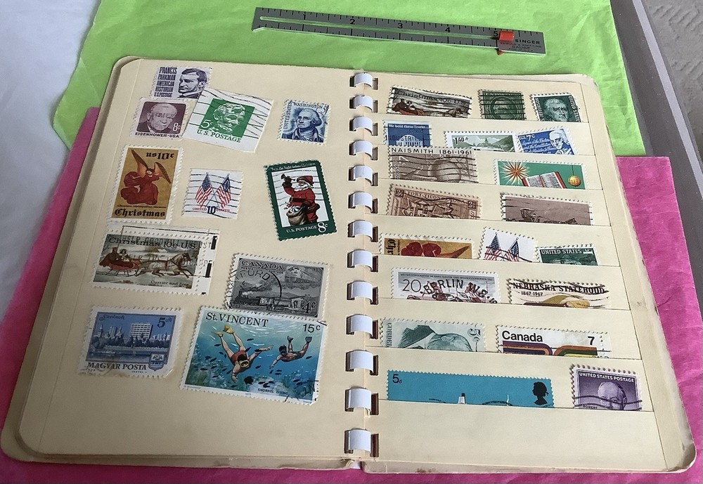 Vintage 2 Stamp Collector’s Stock Books WITH Approx.100+ Per- 1960’s 70’s 80’s