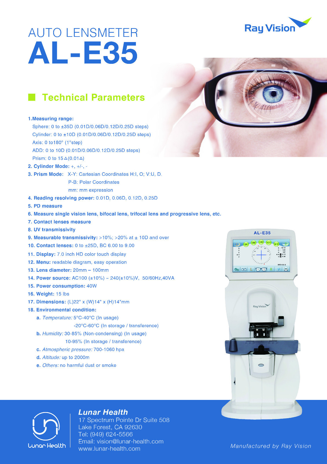 7" Touch Screen Optic Auto Lensmeter Lensometer PD+UV /w Thermal Printer AL-E35