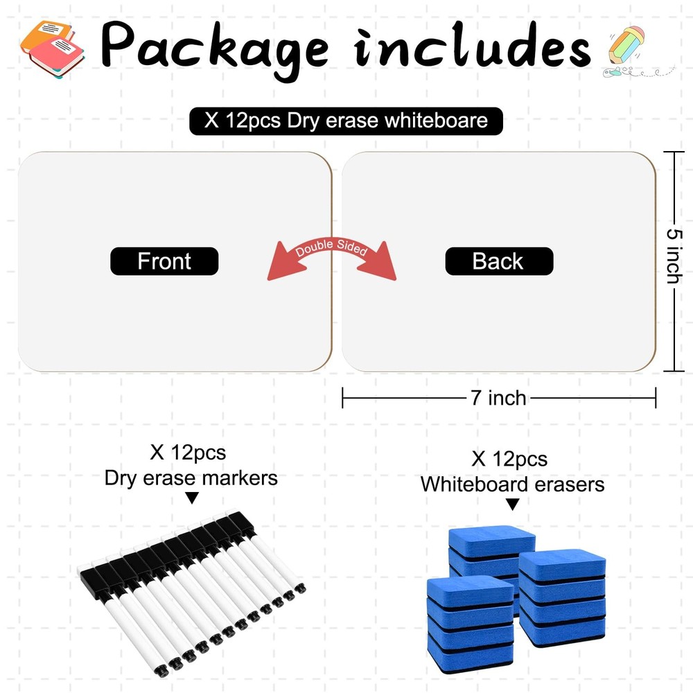 12-Pack Dry Erase Boards 5" x 7" Double-Sided Mini Whiteboard Set – Includes ...