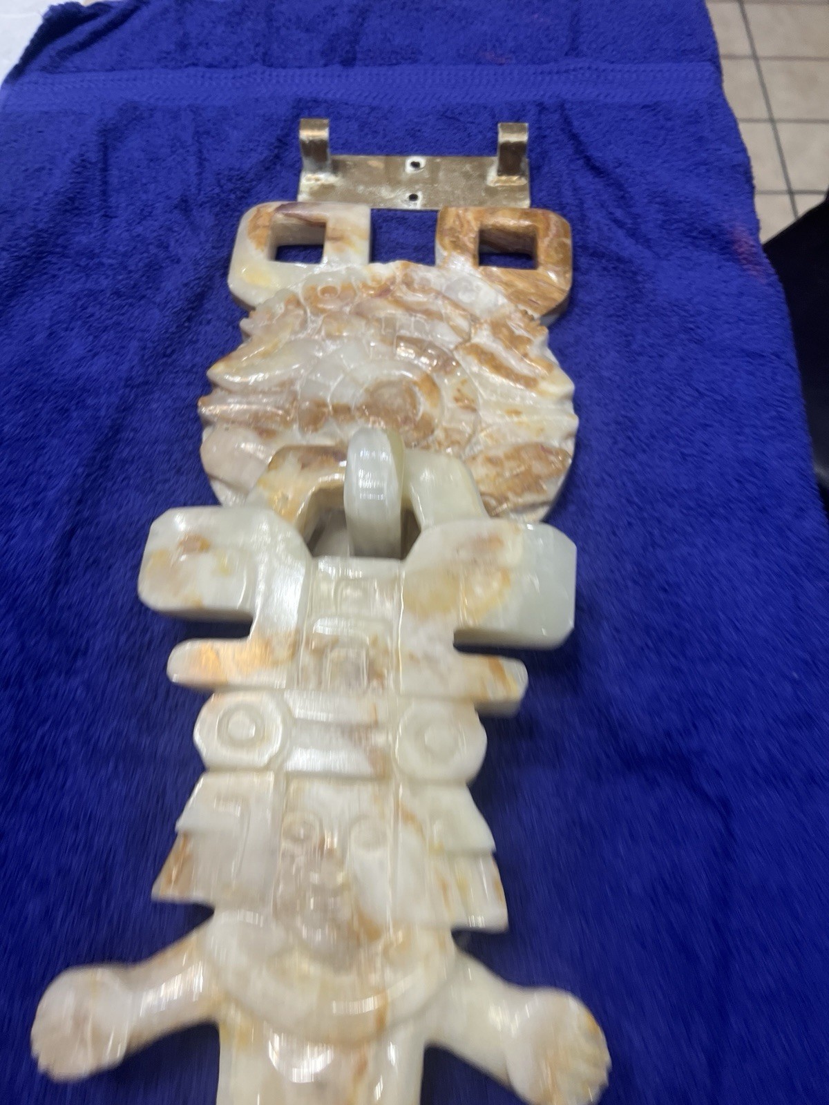 Aztec Mayan Marble/Onyx Large Stone Hand Carved Wall Hanging 33” Long W/bracket