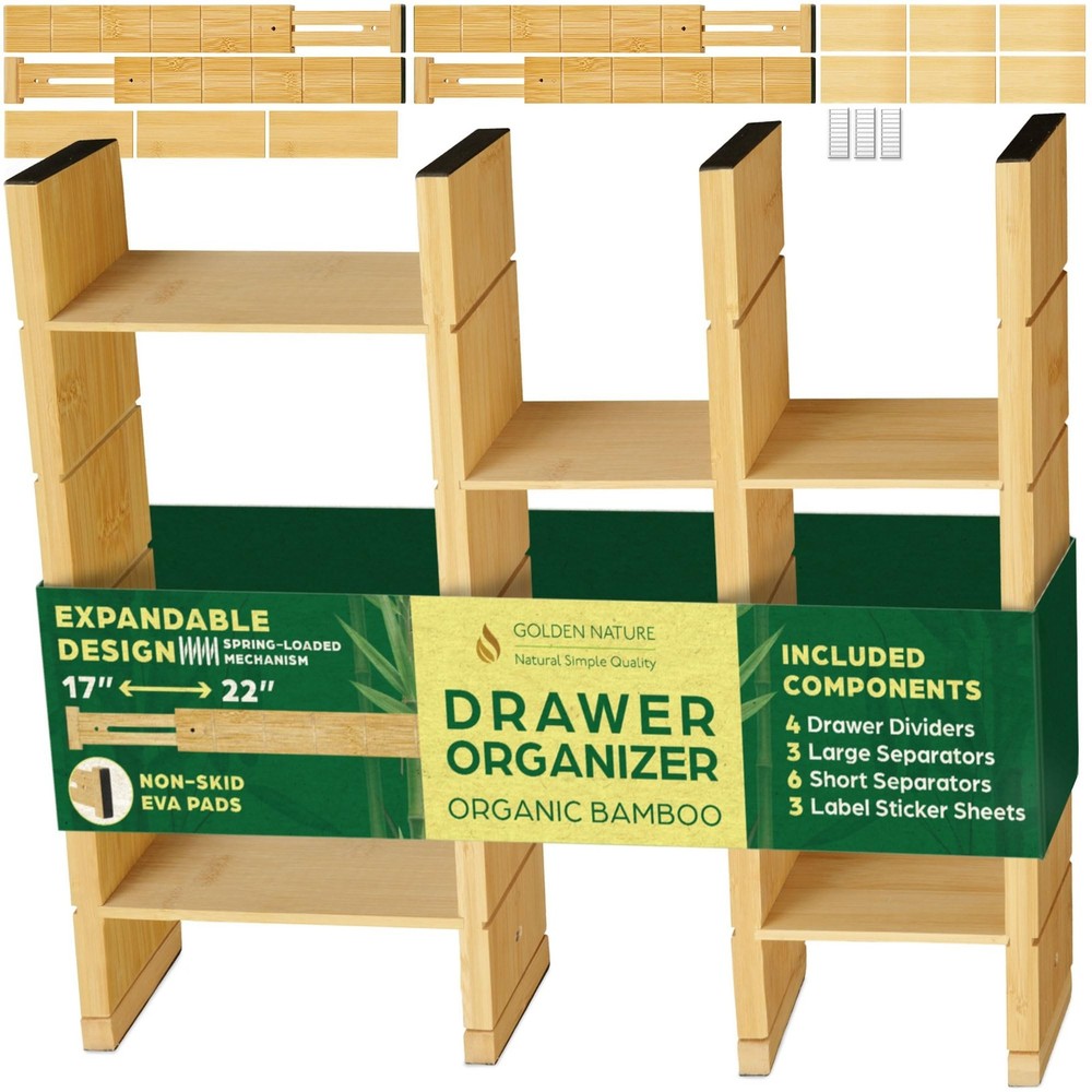 Bamboo Drawer Organizer - with Inserts & Labels, 17-22" - Adjustable Spring L...