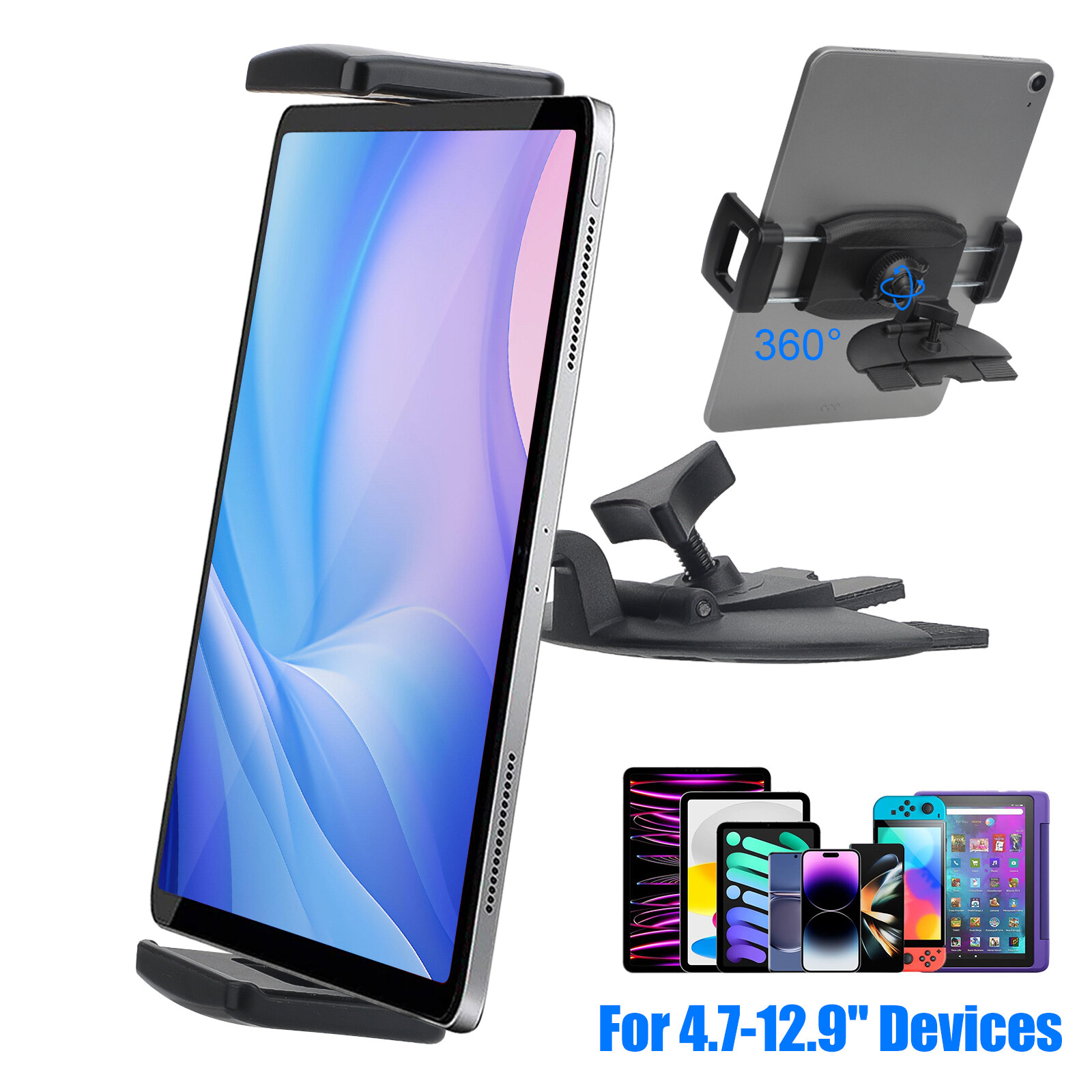 CD Slot Car Tablet Phone Holder 360° Rotat Car Mount for 4.7-12.9" iPad iPhone