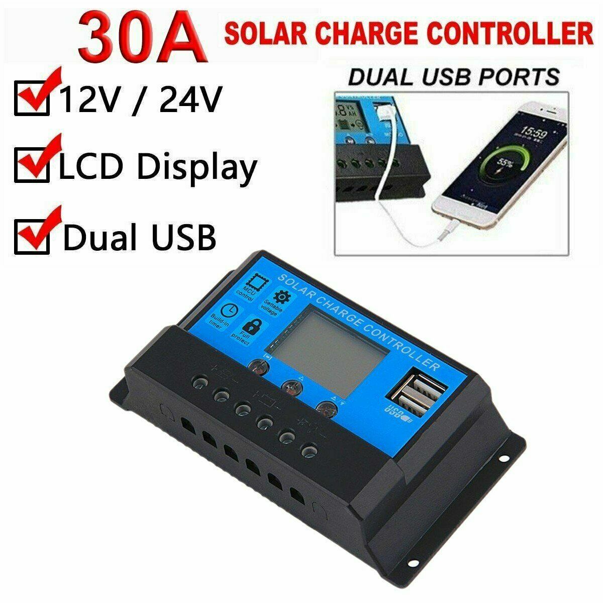 30A Solar Panel Battery Charge Controller 12V/24V LCD Regulator Auto Dual USB US