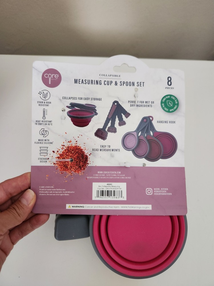 CORE KITCHEN 8pc Collapsible Measuring Cup & Spoons Set, flexible silicone.