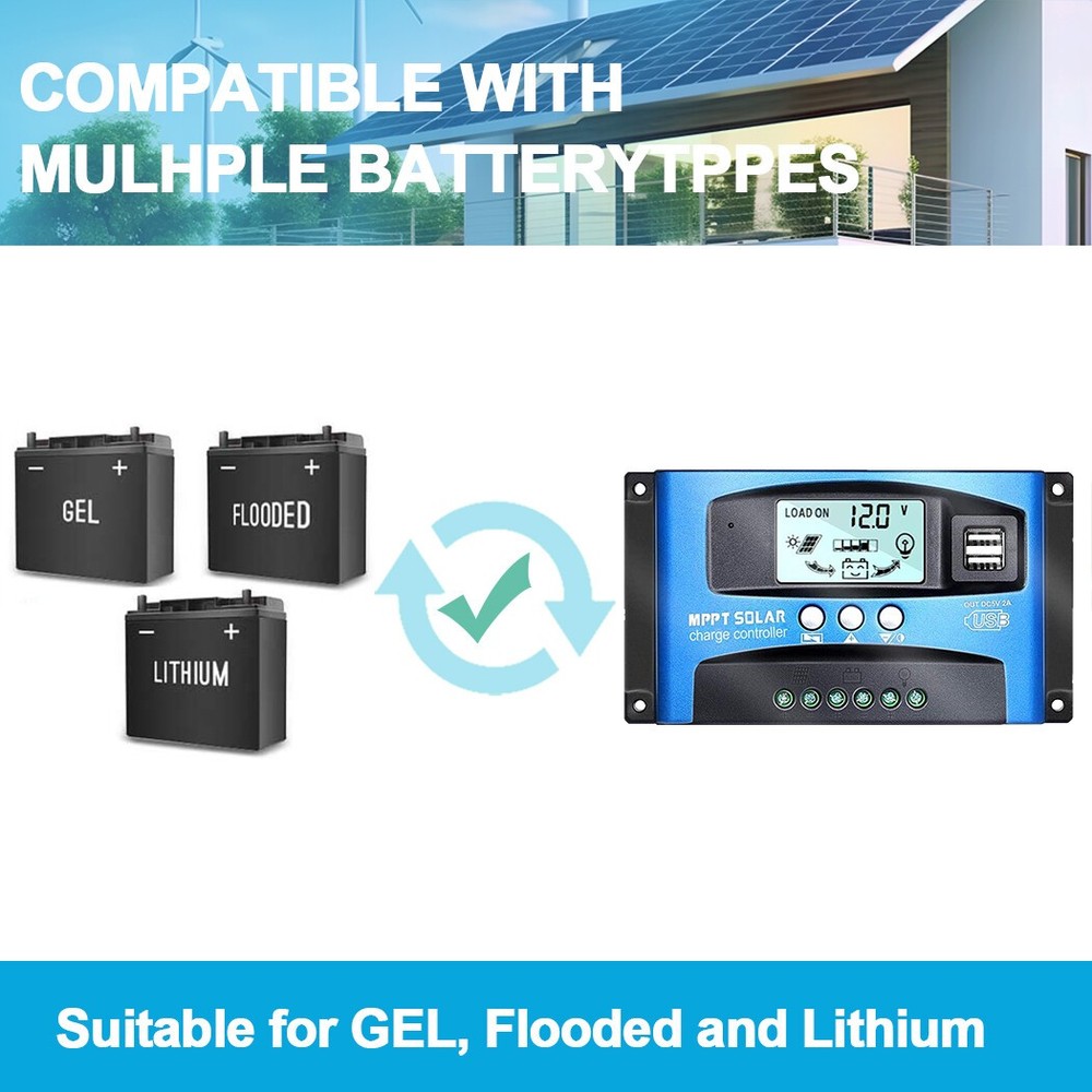 40A 60A 100A 12V/24V Solar Panel Charge Controller Regulator Dual USB Ports
