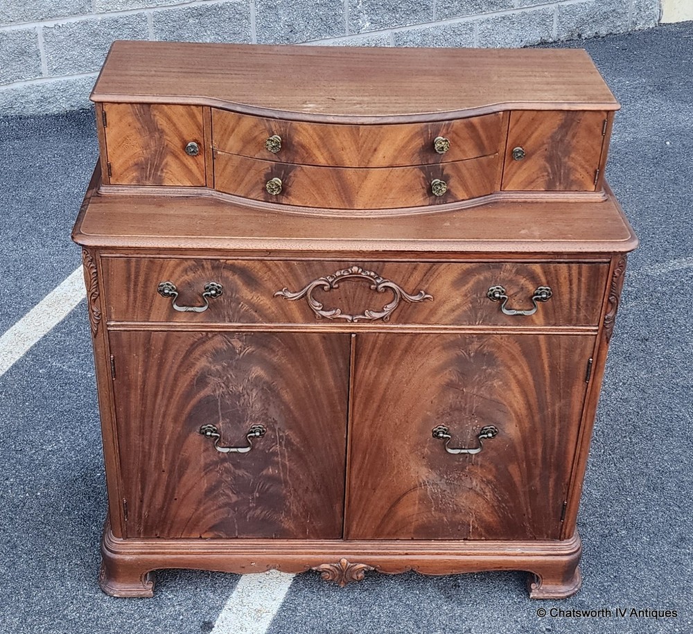 Flame Mahogany Chippendale Style Dining Room Server Silverware Cabinet, 1940s