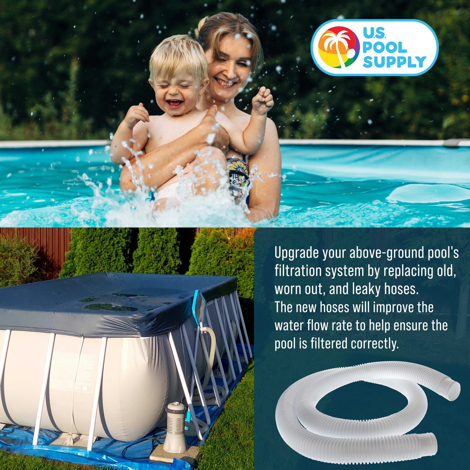 3 Pack of White Above Ground Pool Hose Replacement 1.5" Diameter x 59" Long