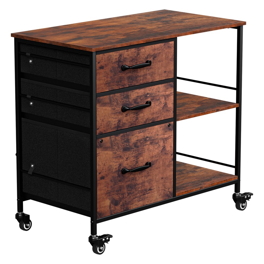 Mobile File Cabinet w/ 3 Drawers & Open Shelf Rolling Printer Stand Rustic Brown