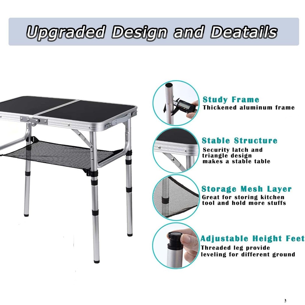 Folding Camping Table Adjustable Height Folding Table Portable Aluminum Small...